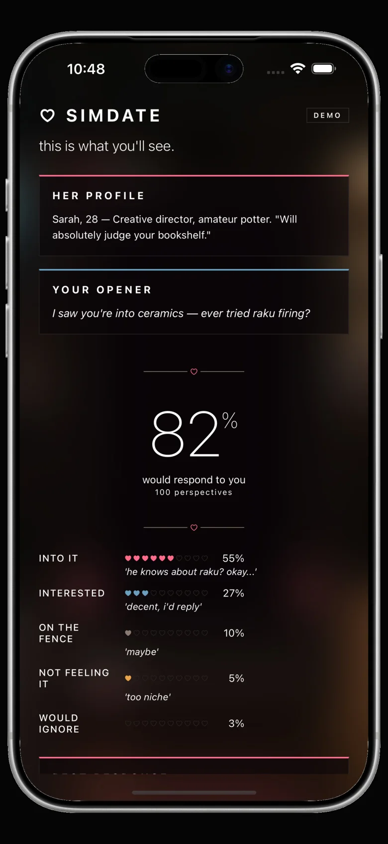 SimDate showing 82% of 100 simulated agents would respond to the user's opener